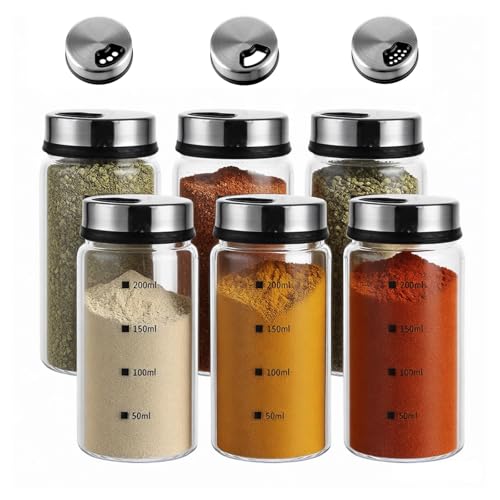 eupdd Gewürzstreuer Glas: 6 Stück 200ml Gewürzgläser Groß Gewürzstreuer mit 3 Gewürzlöchern Gewürzdose mit Drehdeckel für Salz Pfeffer Ideal für Küche und Grillen Im Freien