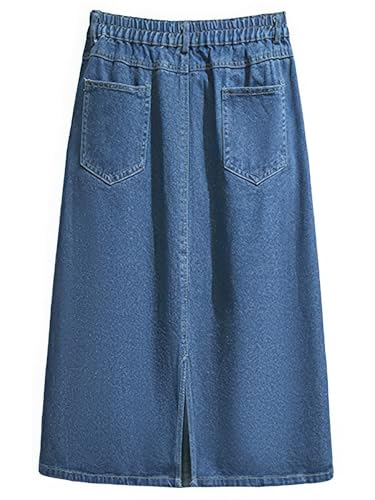 ebossy Women's Elastic Waist Back Slit Denim Midi Skirt Casual Work Pockets Pencil Jean Skirt2