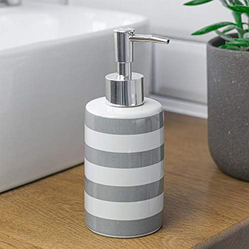 Harbour Housewares 4 Piece Bathroom Accessories Set - Soap Dispenser, Dish, Toothbrush Holder, Toilet Brush - Grey Stripe