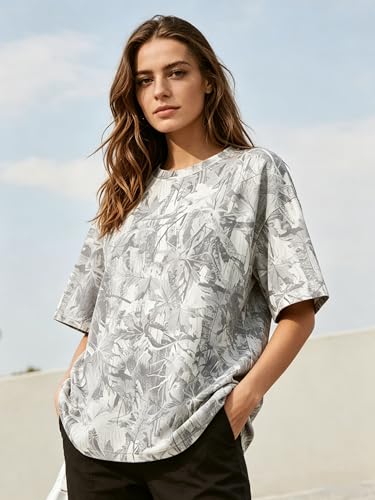 Image of MSBESYOR Camo Shirt for Women Maple Leaf Print Short Sleeve Crewneck T-Shirts Summer Oversized Tee Shirts Streetwear