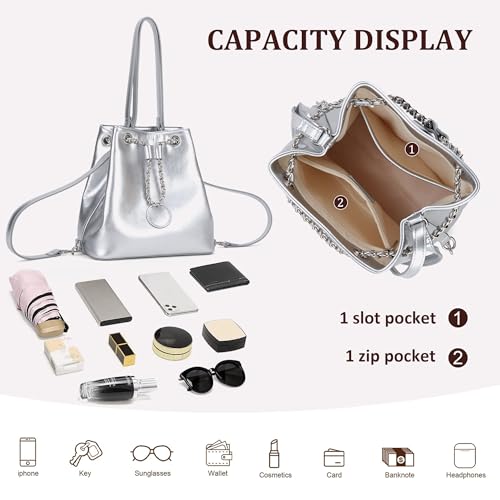 Bolso pequeño de cuero estilo bucket plateado para mujer miniatura 5
