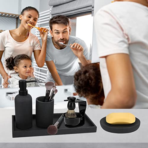 Tauvll Bathroom Accessory Set-4 Pcs Complete Resin Bathroom Counter Vanity Accessories Sets Vanity Tray Lotion Dispenser/Soap Pump Toothbrush Holder Soap Dish-Matte Black Sandstone Modern Decor #TOP1