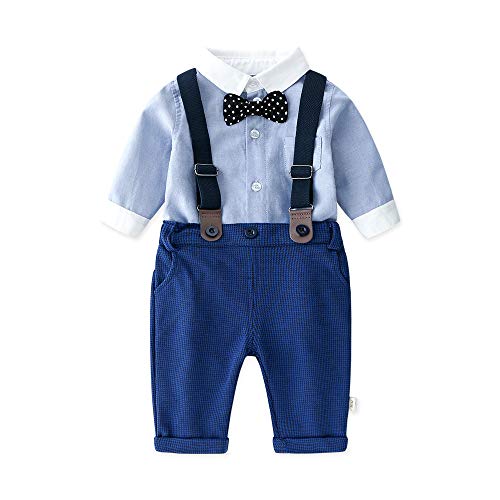 Baby Boys Long Sleeve Shirt+Denim Overalls Outfit Suits with Bowtie, Infant Gentleman Costume Pants Set,6-9M
