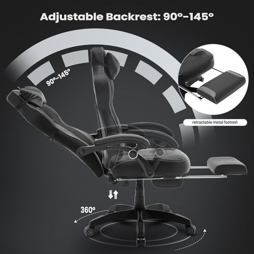 Sedia Gaming Ergonomica con Poggiapiedi, Livestreaming Girevole Poltrona Gamer con Poggiapiedi, Schienale & Sedile Grandi Comodo, Nero+Grigio - Sedia gaming - Immagine 7