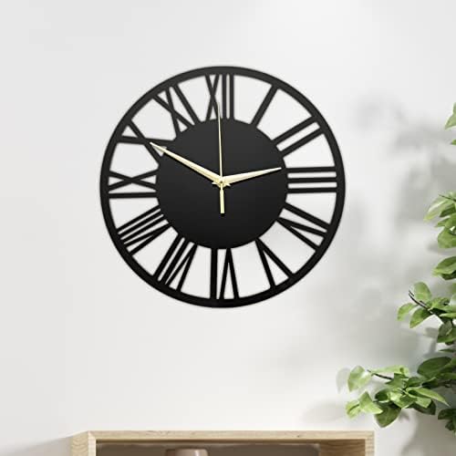 Shoze Vintage Wall Clock 30cm Roman Numerals Battery Powered Silent Clock Round Black Large Operated Giant Open Face Wall Clock for Home Living Room Bedroom Decoration