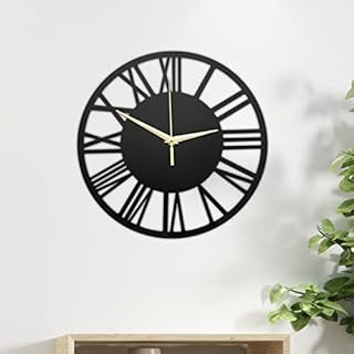 Shoze Vintage Wall Clock 30cm Roman Numerals Battery Powered Silent Clock Round Black Large Operated Giant Open Face Wall Clock for Home Living Room Bedroom Decoration