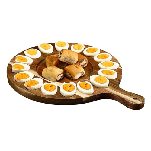 Shurzzesj Fuente de Huevos para Huevos Rellenos,Plato de Huevos Rellenos | Bandeja Redonda de Madera con Asa Recipiente para Platos | Tabla de Embutidos Reversible, Plato para Huevos y Bandeja