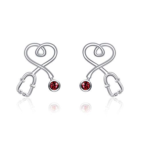 Stethoscope Earrings 925 Sterling Silver Heart Studs Earrings 12 Months Birthstone Crystals from Austria, Graduation Jewelry Gifts for Nurse Doctor RN Medical Student