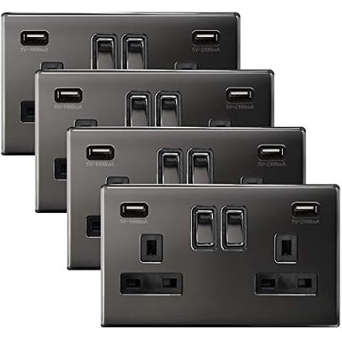 4 x Black Nickel USB Double Wall Plug Socket 2 Gang 13A with 2 USB Charger Port Outlets Socket Plate N776GME Cover