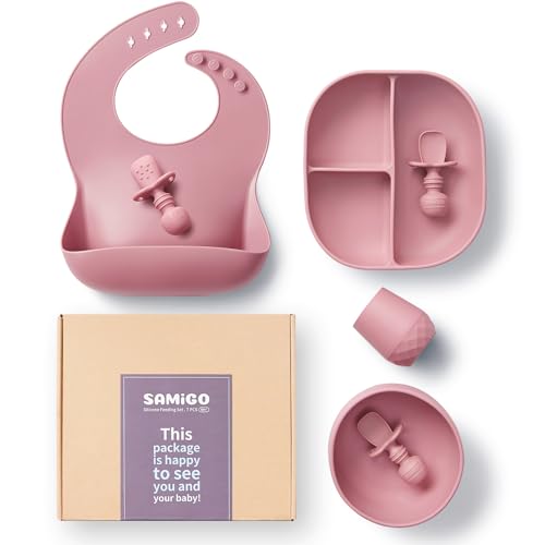 Image of SAMiGO Silicone Baby Feeding Set, Baby Led Weaning Supplies, Suction Bowl Plate Bib Cup Self Feeding Spoons, Solid Food Eating Essentials, First Stage Utensils, 6+ Months