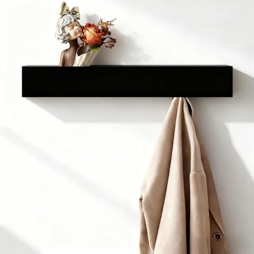 HERKINDNESS Wandgarderobe mit Ablage, Mattes Schwarz Hakenleiste Garderobe, Wandhaken Garderobe mit 5 Versteckten Haken, Oben Kann Man Gegenstände Ablegen, für Wohnzimmer, Flur