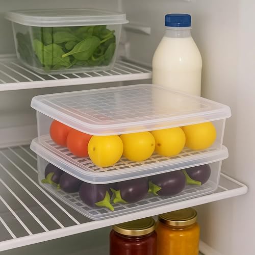 Image of Sulfar Fridge Storage Boxes Fridge Organizer with Removable Drain Plate Tray, Storage Container (Pack of 3)