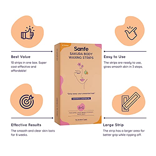 Image of Sanfe Sakura Body Wax Strips for Sensitive Skin with Complementary Cleansing Wipes - 10 Strips & Sanfe Bikini Line Hair Removal Cream For Women - 100gm