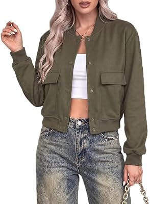 Zeagoo Women Casual Jackets - Cropped Bomber Solid Color Long Sleeve Coat for Fall & Cold Weather wi...