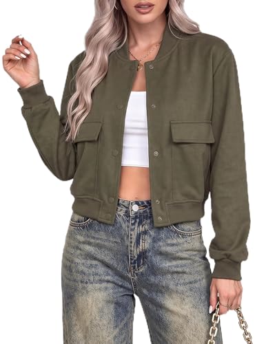 Zeagoo Women Short Lightweight Bomber Jackets Fall Warm Outwear Long Sleeves Coat with Pockets Game Day Outfits