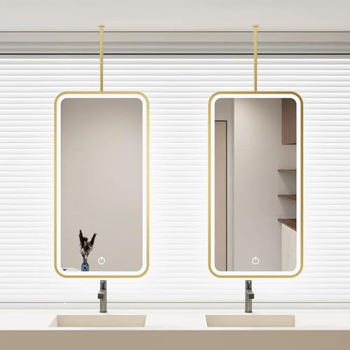 Renmlion Espejo Rectangular Moderno para Colgar en el Techo, Espejos de Pared Grandes con Marco de Metal, Espejos de tocador LED con 3 Colores de luz Regulable, Dorado(40cmx70cm)