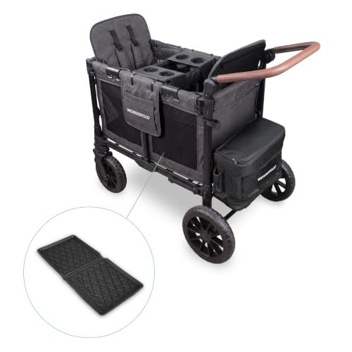 Image of WonderFold W2 Luxe Pro Bundle - 2-Seater Stroller Wagon with All-Weather Floor Mat and Flex Snack Tray, Safety-Certified with 5-Point Harnesses - Gray