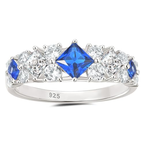 Wuziwen Princess Cut Wedding Bands for Women Blue and White Created Sapphire Sterling Silver Anniversary Eternity Ring