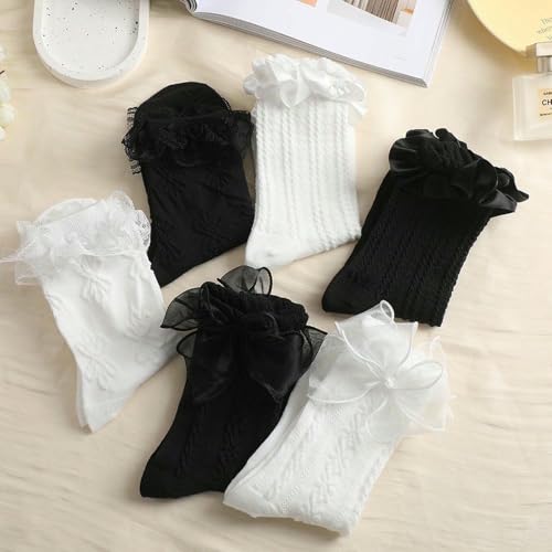 Calcetines de invierno mujer tubo medio encaje pack 6 lazo dulce moda infantil femenina cómoda 3