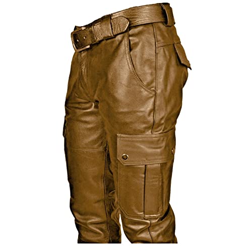 Mens Steampunk Faux Leather Biker Pants Retro Metallic Motocycle Punk Pants Slim Fit Pu Leather Denim Pants Night Club, Yellow, X-Large #TOP1