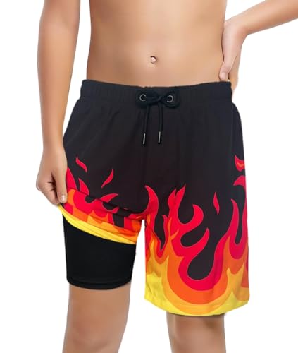 LUCOWEE - Traje de baño para niños, con forro suave, sin rozaduras, sin arena, secado rápido, UPF 50+, cordón funcional, Fuego, 14-16