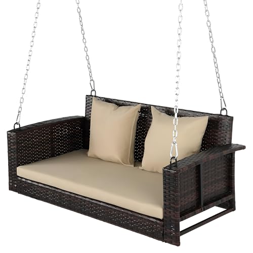 Image of Patio Outdoor Double Seater Swing Chair Without Stand for Balcony, Garden | Weather Resistant Rattan & Wicker Hammock Jhula for Adults | Outdoor Sofa Swing (Brown and Cream)