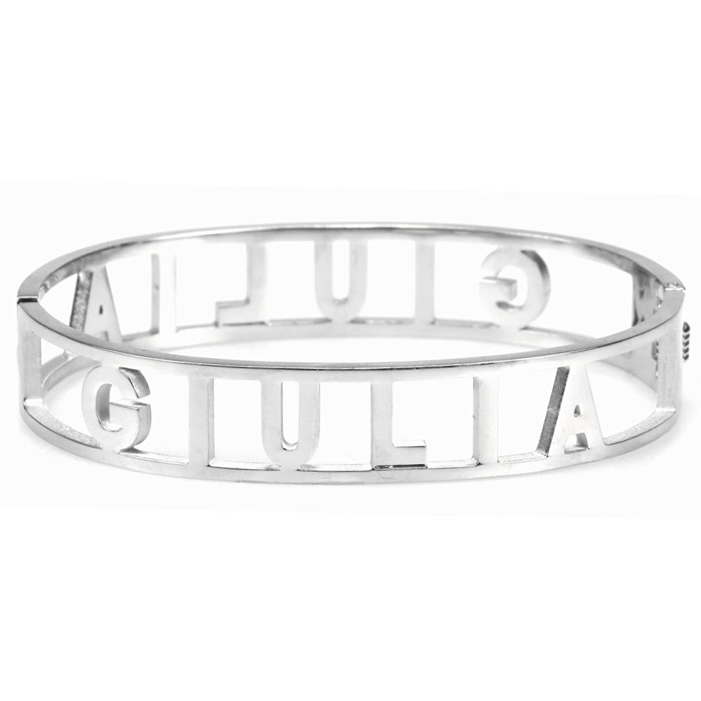 Flowers Bracciale Rigido Acciaio con Nome Vari e Zirconcini Sacchettino in Tessuto Scritta Nome ricoperta di Strass Brillantissimi Bracciale a Manetta Donna Chiusura a Molla Idea Regalo