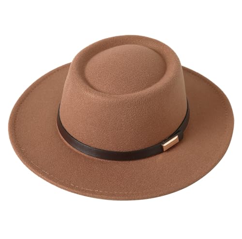 Image of Lanzom Women Vintage Wide Brim Warm Wool Fedora Hat Belt Panama Hat Felt Jazz Hat Fit Size 6 8 /7-7 1 /4