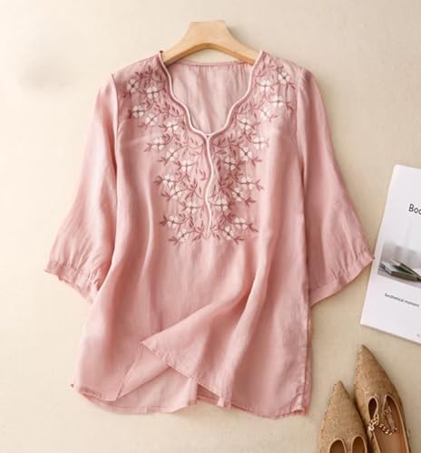 Image of RIEKA Womens Elegant Beige Floral Embroidered Tunic Top with Scalloped V Neck, Elbow Length Sleeves, Relaxed Fit, Lightweight, Casual Ethnic Style Top