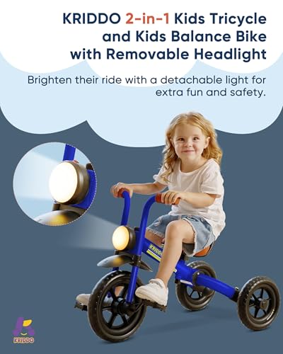 Image of KRIDDO 2-in-1 Kids Balance Bike and Kids Tricycle for 2 to 5 Year Old, Toddler Balance Bike with Detachable Pedals, Tricycles for 3-5 Year Olds with Stitched Soft Grip, Blue