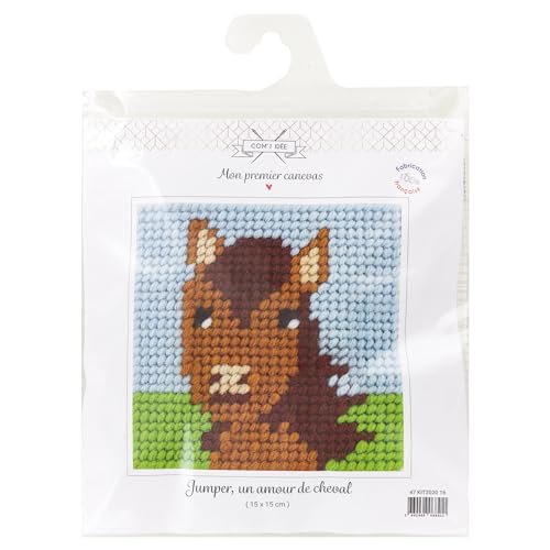 Com' 1 idée Kit Canevas Complet Un Amour de Cheval 15 x 15 Enfant Gros Trous