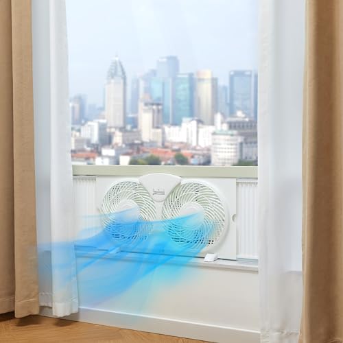 Image of Amazon Basics Twin Window Fan for Home Bedroom, 9 inch, Reversible Airflow, Exhaust Mode, Expandable Side Panels, Width Adjustable, 2 Speeds, Air Circulation, 68W, White
