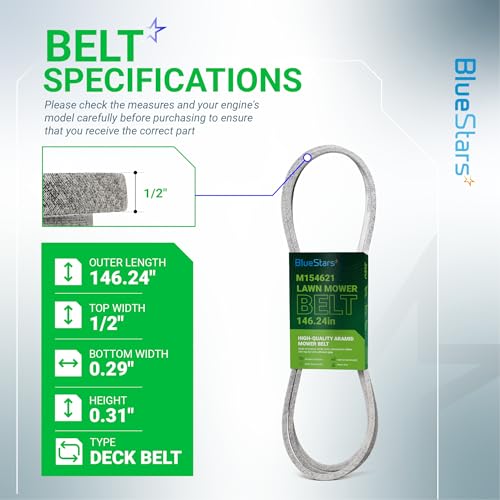 Image of BlueStars M154621 Mower Belt | Aramid Cord | 1 /2'' x 146 1 /4'' | Mower Belt - Fits 42 inch Deck J-Deere X300 X304 X310 Lawn Tractors & 48 inch Deck EZtrak Series Z245 Zero-Turn Mower