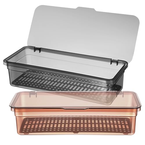 GARVALON 2 piezas Organizador de Cubiertos con Tapa Bandejas de Plástico Transparentes para Escurrir Utensilios Cajas de Almacenamiento para Cocina de Colores Marrón Té y Gris