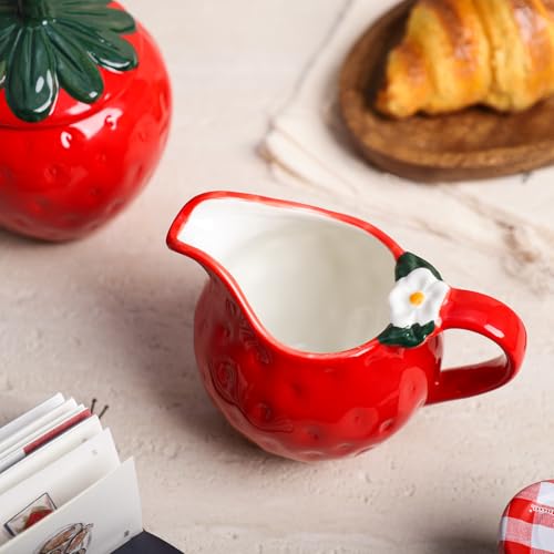 CHOOLD Ceramic Strawberry Shape Creamer and Sugar Bowl Set, Cream Pitcher, Sugar Bowl with Lid, Coffee Serving Set