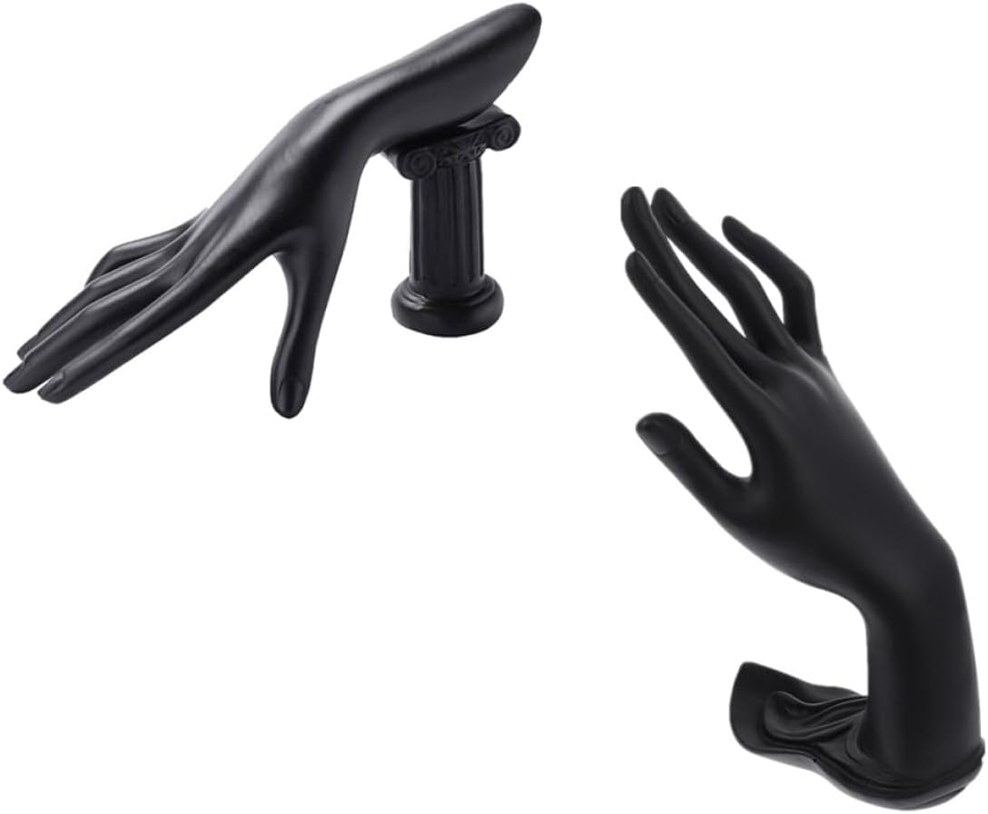 Homoyoyo 2pcs Black Resin Mannequin Hand Jewelry Display Stands with Lotus and Column Bases, Hand Model Ring and Bracelet Holder for Necklace Storage and Retail Showcase