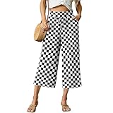 FREEOAK Women’s Black Checkered Plaid Wide Leg Flowy Pants for Vacation High Waist Cropped Palazzo Style with Drawstring and Pockets Size Medium