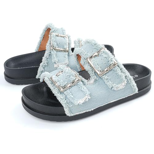 Image of Platform Sandals Women,Womens Sandals-Studded Silde Sandals-Double Buckle Adjustable-Beach Sandals for Women-Flat Sandals Summer Vacation
