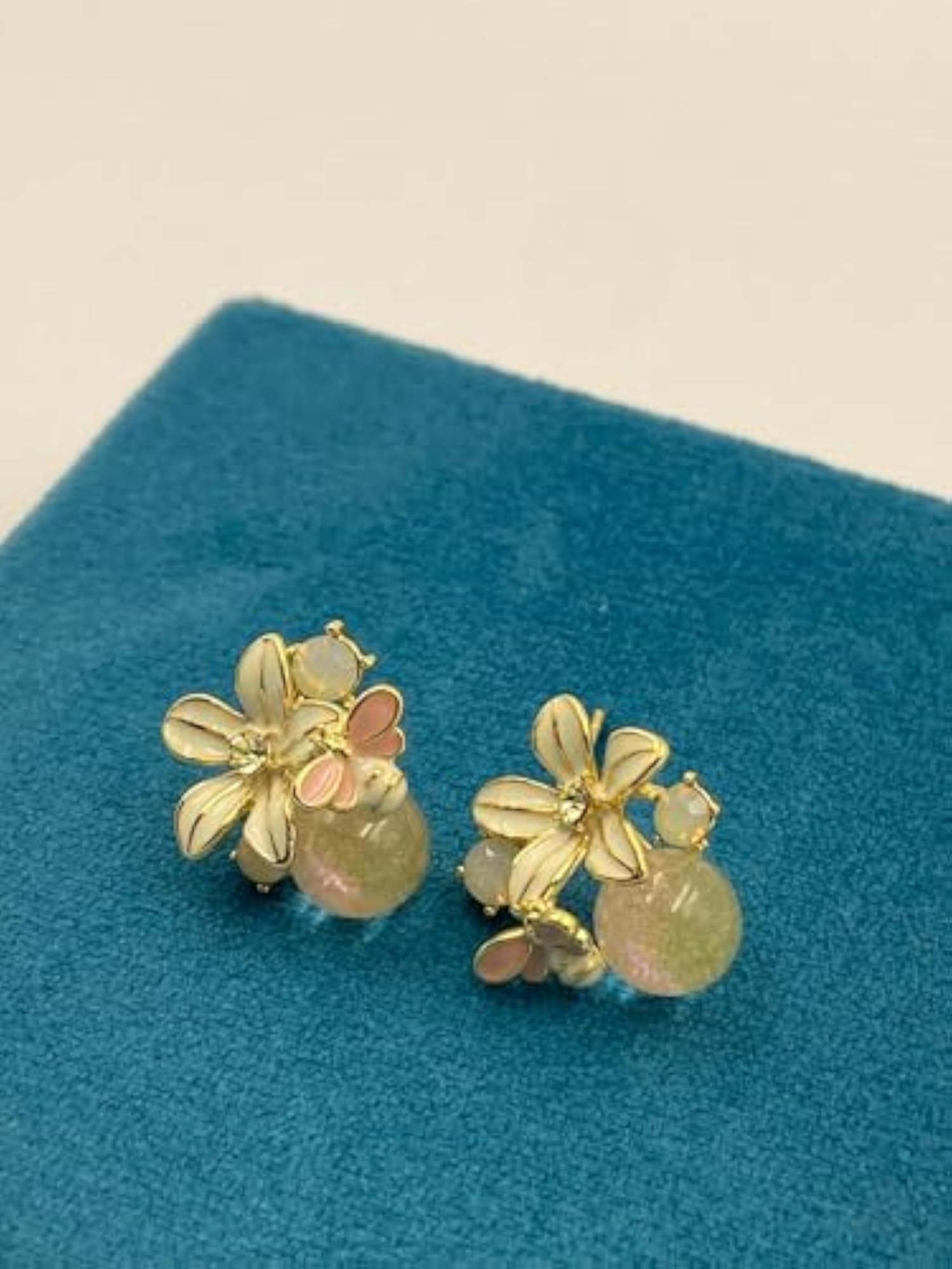 Women's Artistic Bee and Flower Stud Earrings with Shimmering Stones