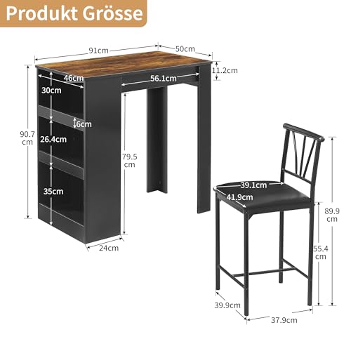 VECELO Bartisch mit Barhocker Set, Stehtisch mit 2 PU-gepolsterten Stühlen und 3 Seitenregalen, Küchentisch im Industrie-Stil für Esszimmer, Küche oder Wohnzimmer, Vintagebraun