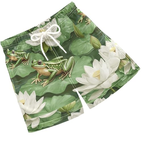 Pigsaly Boys' Swim Board Shorts Summer Lotus Flowers Watercolor Green Frogs Boy's Swim Trunks Kids Swimwear S