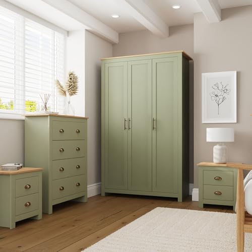 GFW 4 Piece Bedroom Furniture Set with 3 Door Wardrobe 4 Drawer Chest & 2 Bedside Tables Shaker Style Bedroom Storage Set with Oak Effect Tops