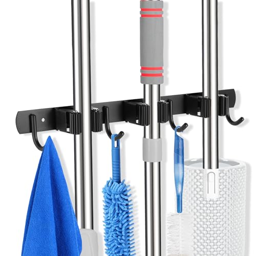 Image of voze 3 Racks and 4 Hooks Mop and Broom Holder Wall Mount, Self Adhesive Heavy Duty Broom Organizer Storage Tool Racks for Kitchen Garden Laundry Garage