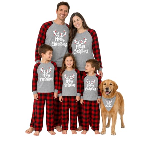 Image of IFFEI Matching Family Pajamas Sets Christmas PJ's with Letter and Plaid Printed Long Sleeve Tee and Bottom Loungewear