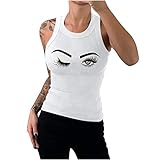 My Orders Sleeveless Tank Tops for Women Zipper Lip Eyes Expression Ptint Graphic Tee Tops Loose Running Workout Exercise T Shirt White