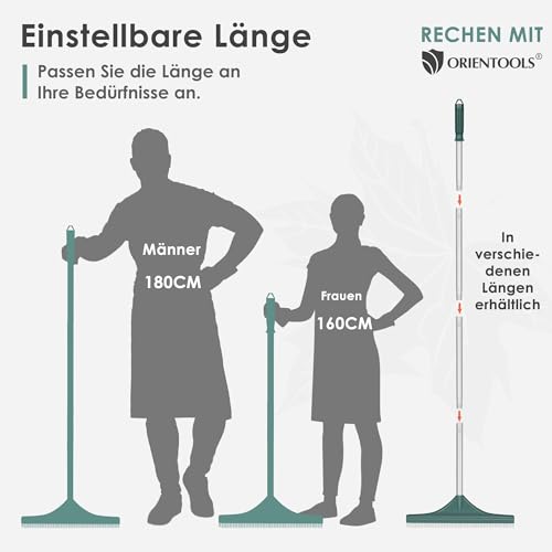 ORIENTOOLS Gartenharke Kunstrasenbürste Kunststoff Blatt Harke Mit Dreiteiliger Griff 75 bis 135 cm, Kunstrechen mit PBT Bürste für Rasen und Teppiche