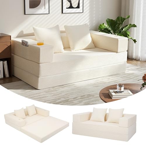 MeMoreCool 4-in-1 Boneless Couch, Umwandelbares Schlafsofa mit Armlehnen, Faltbare Matratze und Schlafsessel, Bequemes Schlafcouch für Wohnzimmer und Schlafzimmer als Lounge oder Gästebett, Beige