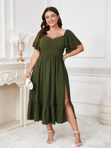 Image of SCOMCHIC Womens Plus Size Wedding Guest Cocktail Dresses Sweetheart Neckline Short Sleeve Smocked Ruffle Slit Maxi Dress