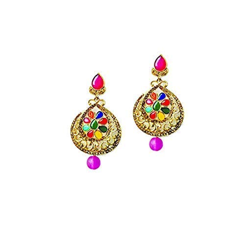 Earrings Big Choice Multi-Colour Metal Earring Studded Colourful Stone With Shining Pearl Drop For Women and Girls