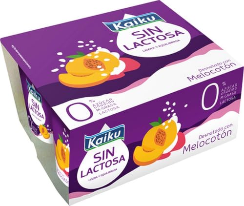 KAIKU SIN LACTOSA Yogur Desnatado Melocotón 4 x 125 g, 0% mg, Sin Gluten